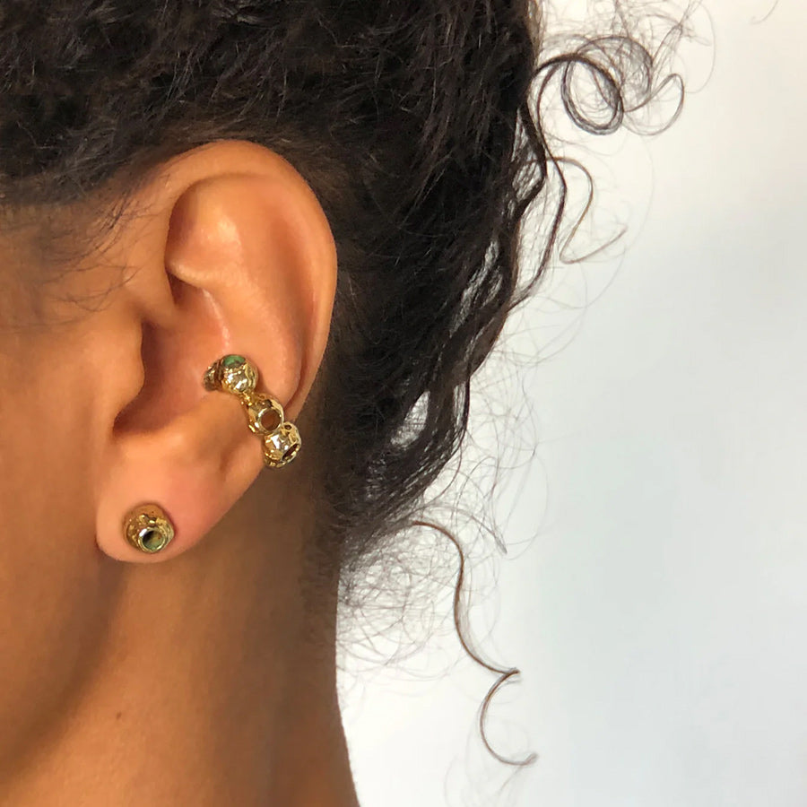 Model wearing Bronze Two-Tier Dyad Earrings by Kirsten Muenster